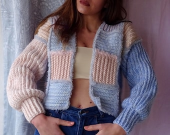 Designer crochet bomber, granny square cropped cardigan in light blue, pink and white