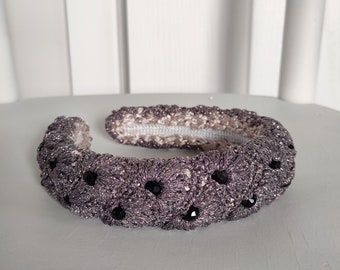 Designer padded headband in charcoal gray color beaded with black stones