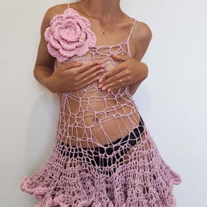Crochet pink  mesh dress with flower detail
