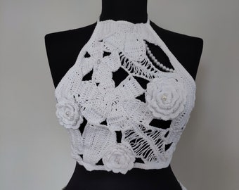 One of a kind crochet halterneck top in white beaded with faux pearls 3D lace top