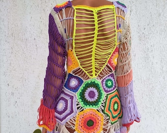 One of a kind hand crochet colorful chunky dress