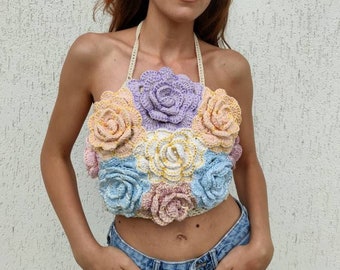 Crochet Cotton backless halterneck top covered with flowers