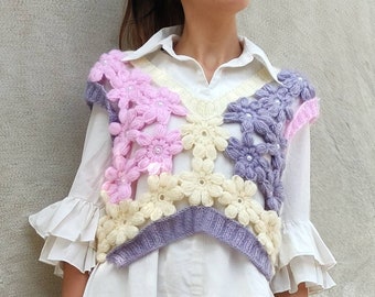 Crochet tricot Vneck gilet fleur, pull crochet