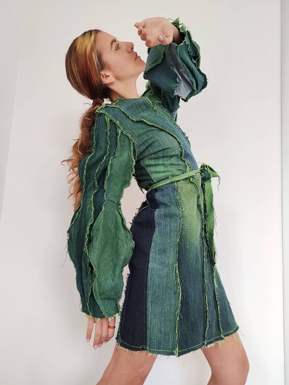 Upcycled Denim Tie-Dye Wrap Dress: Neon Green, Distressed