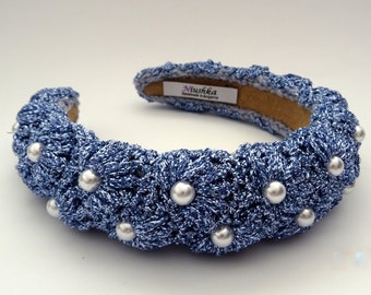 Designer Haarband in funkelndem Blau mit Perlen besetzt