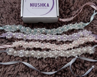 Tie up  satin macrame pearl necklace