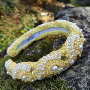 Designer Padded Headband in Yellow beaded with pearls image 3