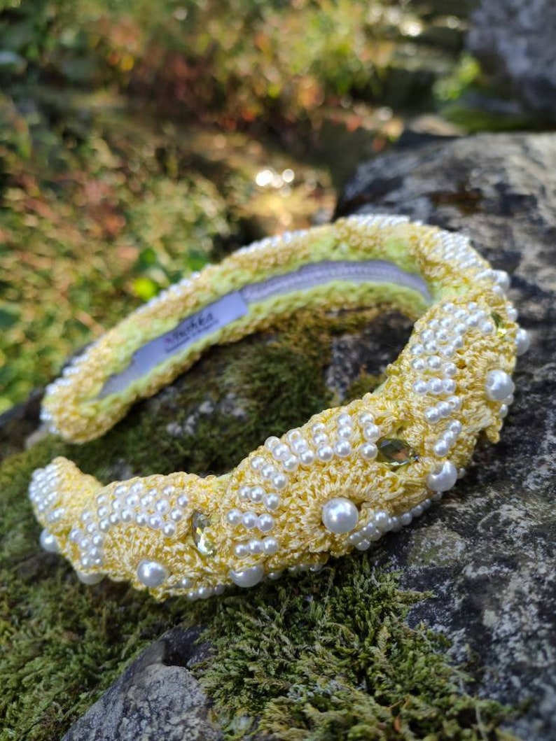 Designer Padded Headband in Yellow beaded with pearls image 3