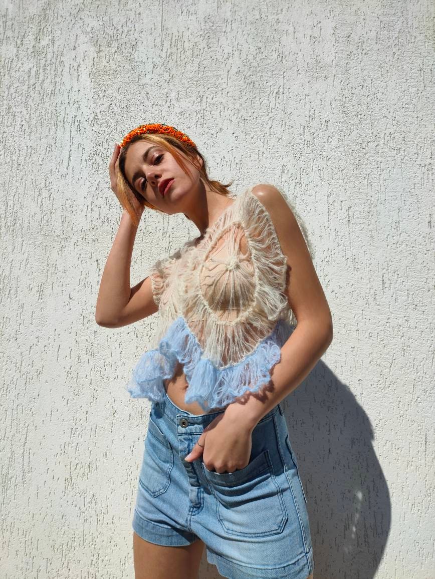 Frill-detail Crochet Top , Crop Top, Mohair Top - Etsy