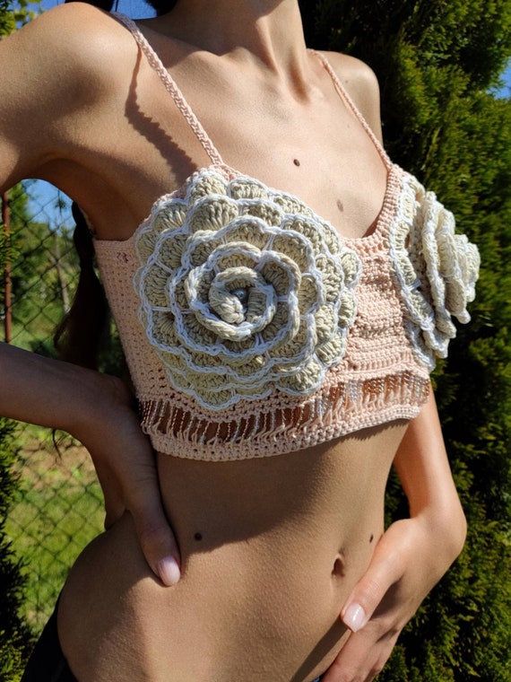 Crochet Bustier Bra Top, Bralette, Beaded Top, Flower Top 