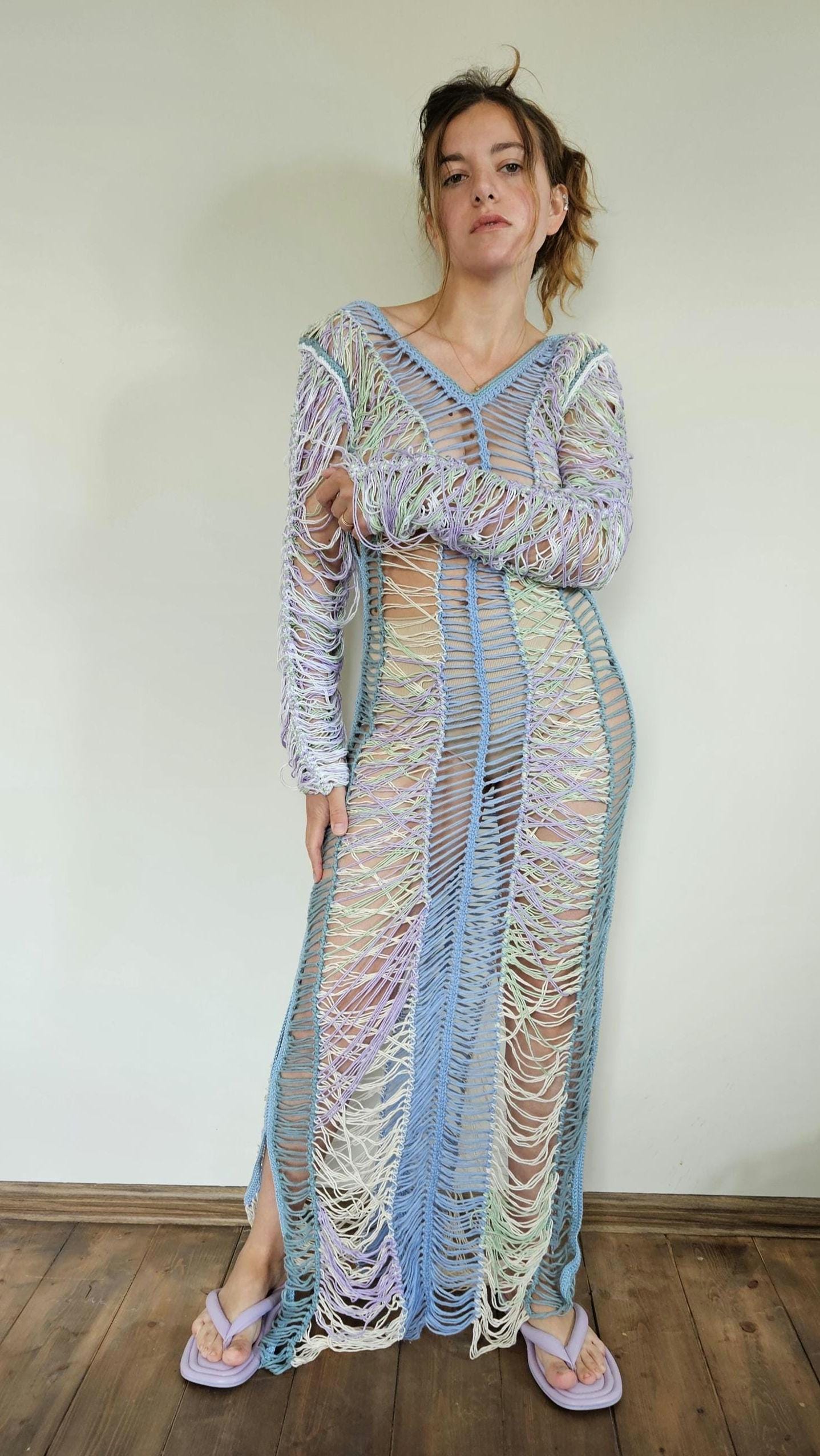 crochet dress transparent Women's Chunky Hand Knitted Dress Cocktail Transparent Dress Sexy Sheer  Dress Loose Fit Boho Mini Dress Evening Date Dress See Through Dress