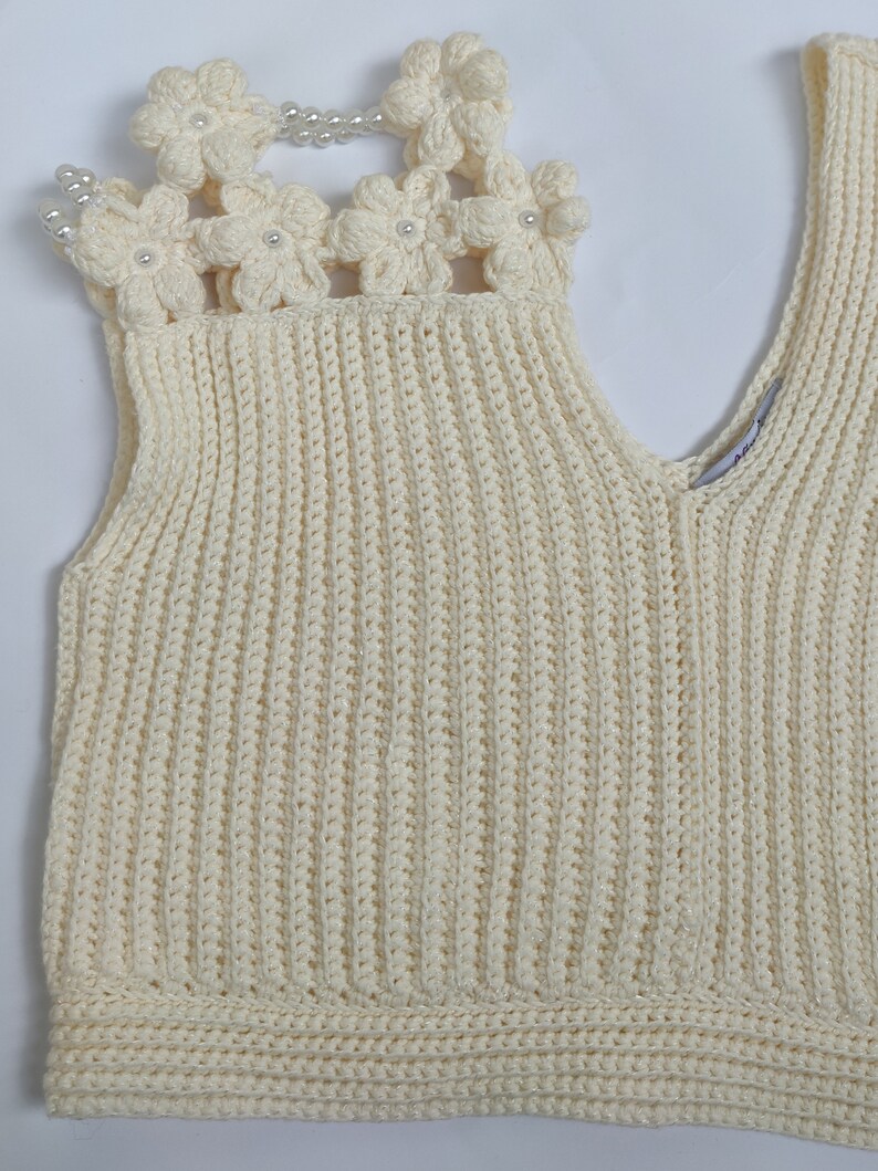 Designer crochet tank top, cotton top in white, beaded top image 8