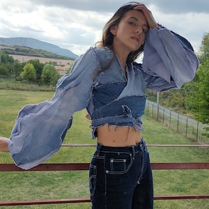 Tie Dyed Recycled Denim Top, Tie up Denim Top, Wrap Top