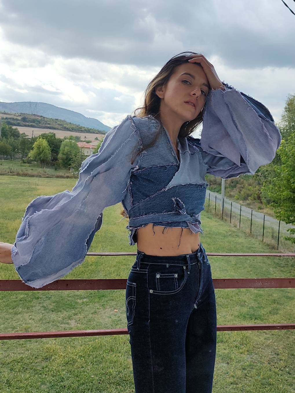 Buy Tie Dyed Recycled Denim Top, Tie up Denim Top, Wrap Top Online