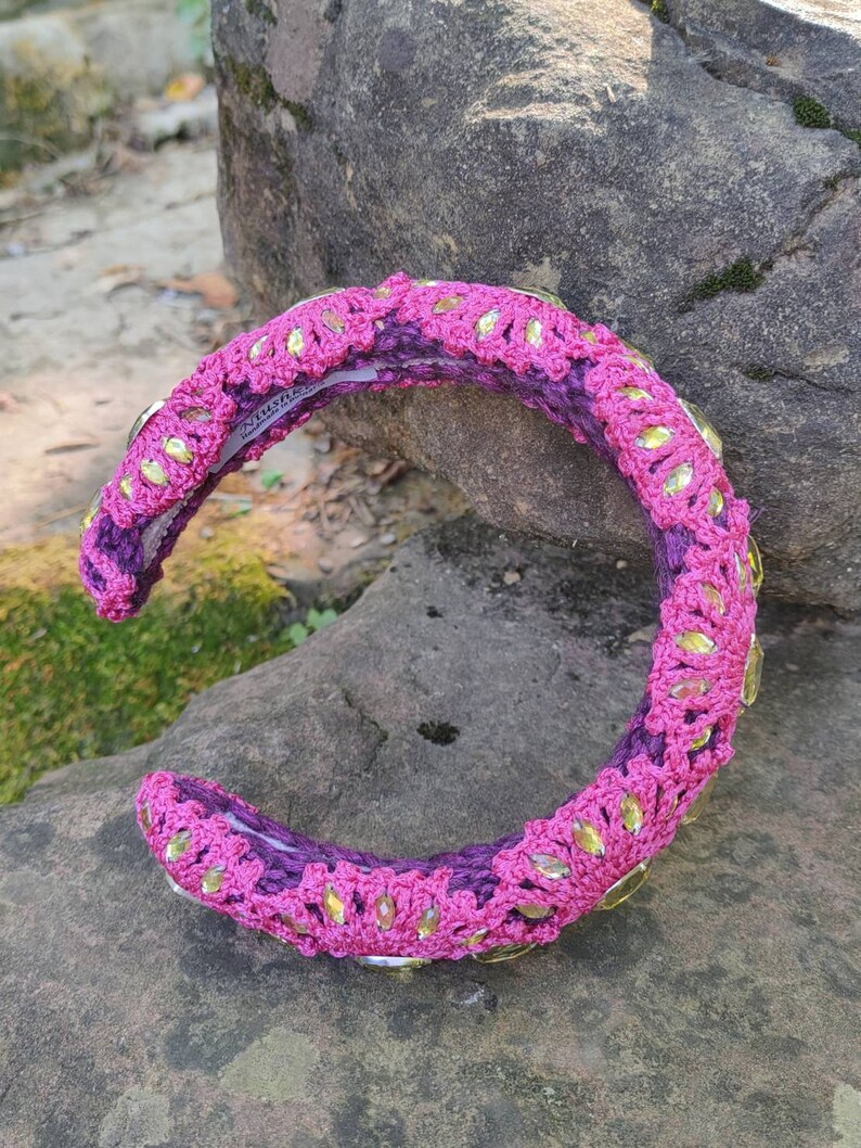 Handmade Padded Fuchsia Headband, Rhinestone headpiece image 5