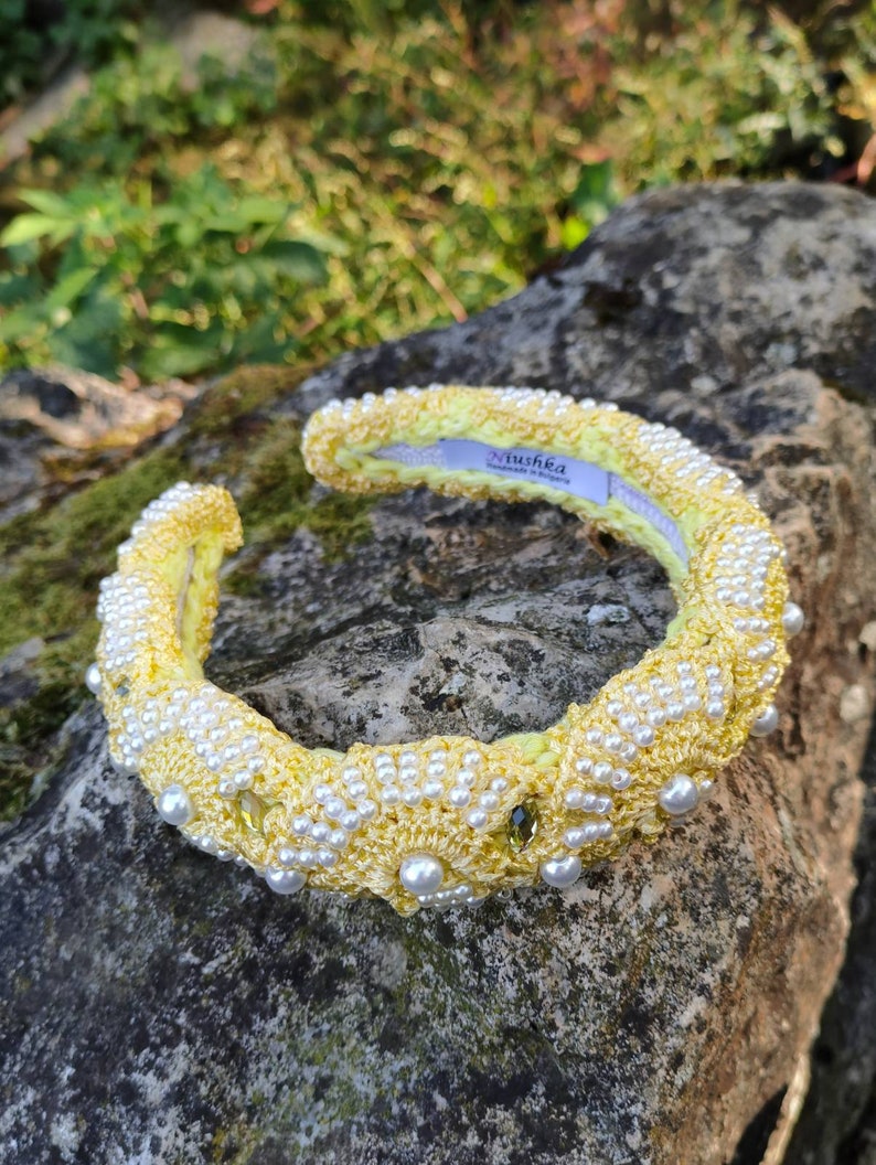 Designer Padded Headband in Yellow beaded with pearls image 5