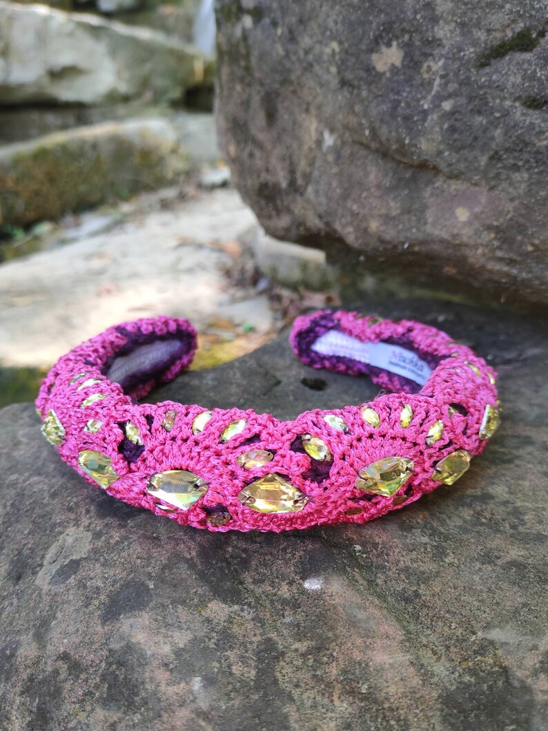 Handmade Padded Fuchsia Headband, Rhinestone headpiece image 2