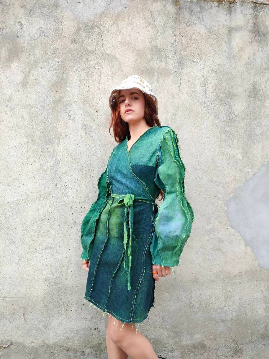 Upcycled Denim Tie-Dye Wrap Dress: Neon Green, Distressed Upcycled Denim Tie-Dye Wrap Dress: Neon Green, Distressed