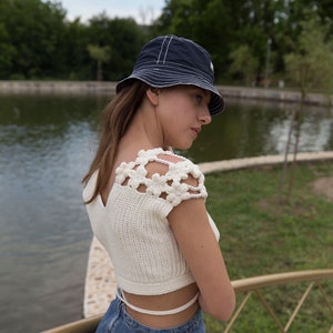 Designer crochet tank top, cotton top in white, beaded top image 5