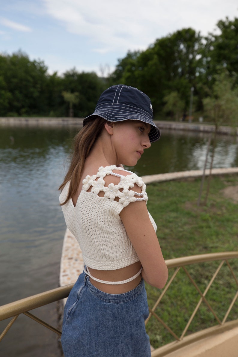 Designer crochet tank top, cotton top in white, beaded top image 5