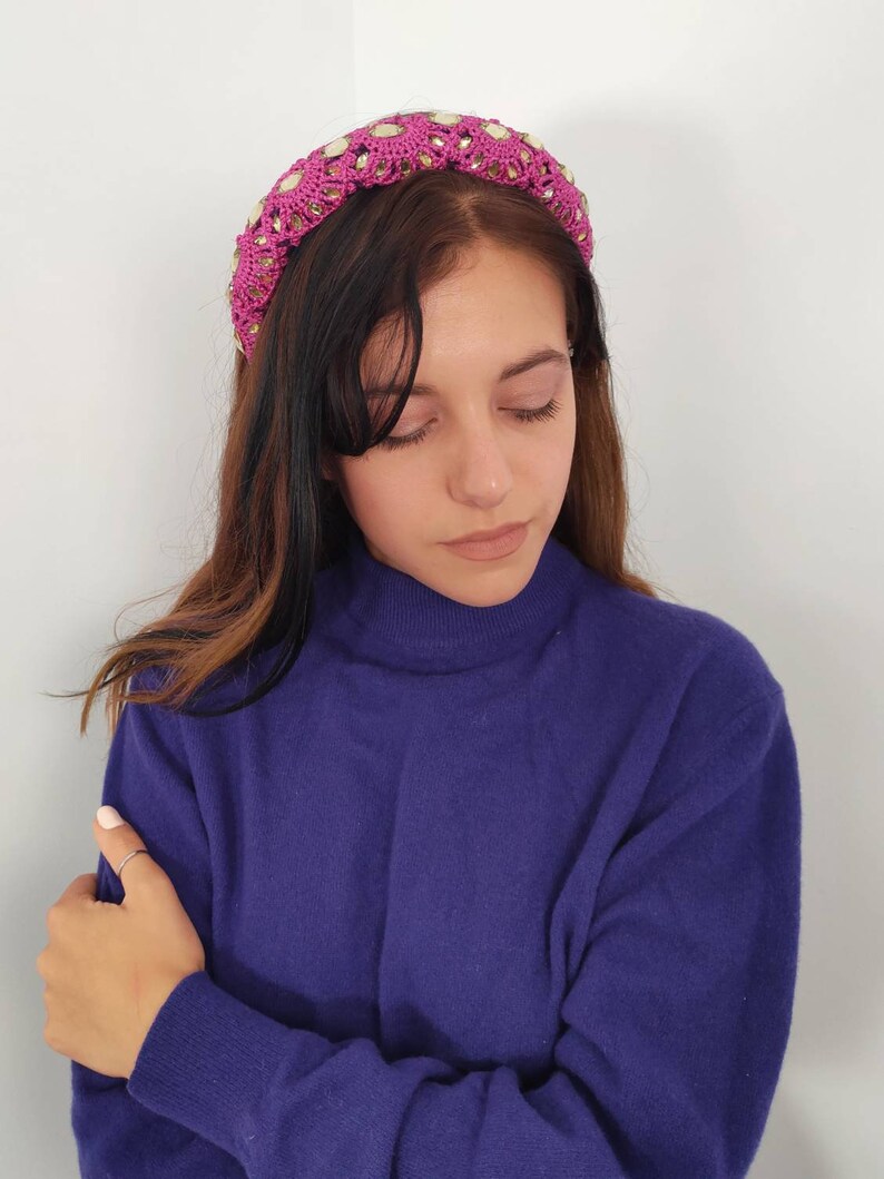 Handmade Padded Fuchsia Headband, Rhinestone headpiece image 4