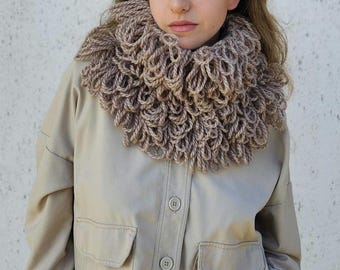crochet turtleneck fringe beige elastic warm winter collar neckwarmer cowl scarf