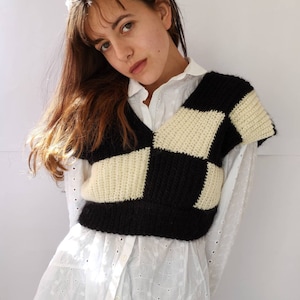 Two sided designer crochet vest, checkered design in black and white tank top