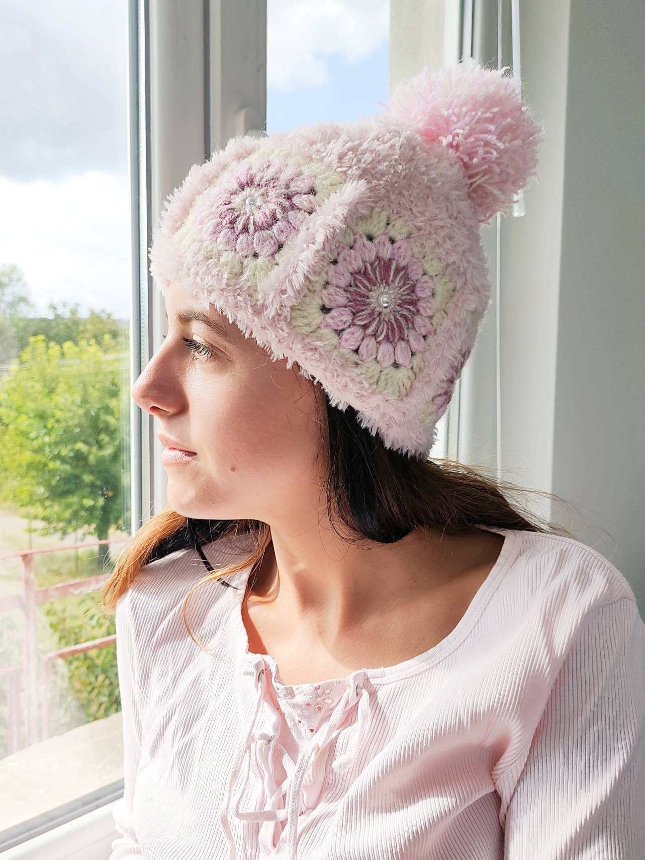 Designer Granny's Square Beanie Hat in Baby Pink and White -  Denmark