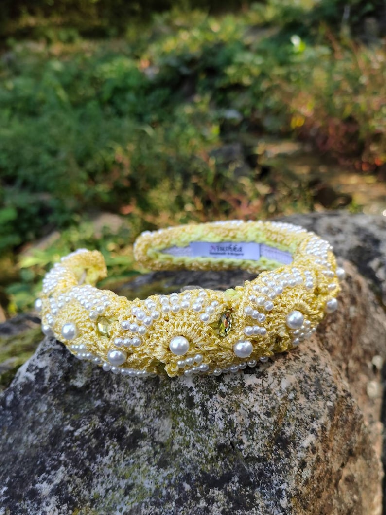 Designer Padded Headband in Yellow beaded with pearls image 1