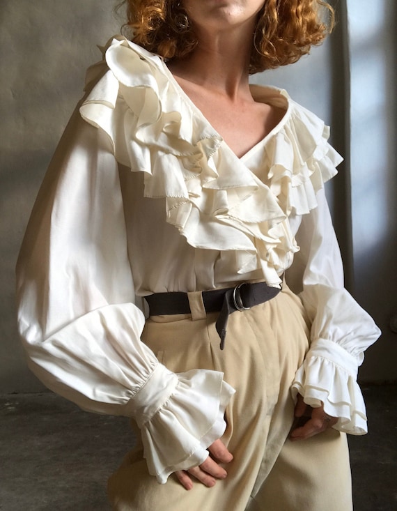 Vintage statement blouse, white puff sleeve ruffle