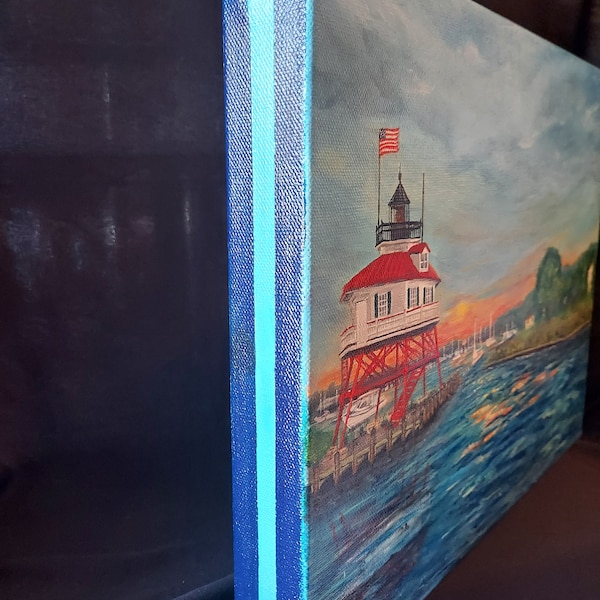 Drum Point Lighthouse, Solomons Maryland, fun, colorful, whimsical rendering in acrylic on gallery style canvas