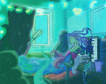 Underwater Rapunzel Mermaid A5 Print