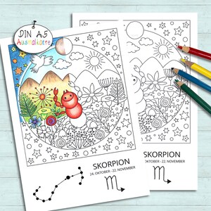 Sternzeichen, Skorpion, Geburtstagskarte, Ausmalkarte, DIN A5, Karte, Tierkreiszeichen, Geburtstag, Klappkarte, Grußkarte, Ausmalen, Malen