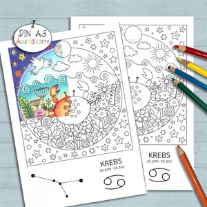 Sternzeichen, Krebs, Geburtstagskarte, Ausmalkarte, DIN A5, Karte, Tierkreiszeichen, Geburtstag, Klappkarte, Grußkarte, Anmalen