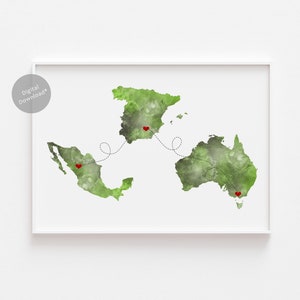 Benutzerdefinierte Hochzeitsgeschenk, Fernbeziehung, personalisierte Karte, 3 beliebige Länder oder Orte, DIGITALER DOWNLOAD, Paar Jahrestag