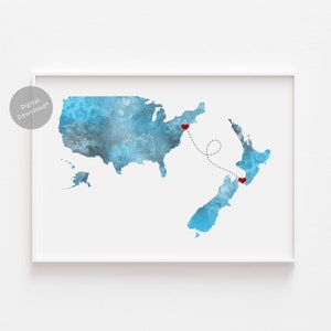 Arte mural con mapa personalizado, impresión para regalo de bodas, dos países o lugares, regalo de vacaciones para parejas, regalo de cumpleaños, arte mural de viaje, DESCARGA DIGITAL