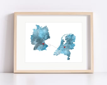 Carte personnalisée Art mural, Impression de cadeau de mariage, DEUX pays ou lieux, Couple Holliday Cadeau, Cadeau d’anniversaire, Art mural de voyage, TÉLÉCHARGEMENT NUMÉRIQUE