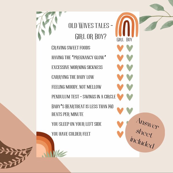 Old wives tales baby shower game | boho | bohemian | instant download | baby shower | party game | burnt colour | printable | gender neutral