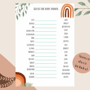 Baby shower animal game | boho | bohemian | baby animals | baby animal game | baby animal names | party | baby shower | printable | prints
