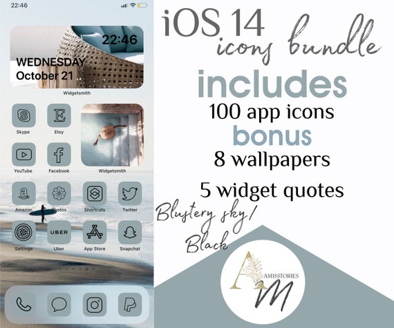 Custom Blustery Sky Blue Ios Iphone Ios 14 App Icons Etsy