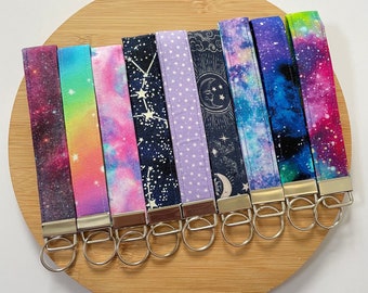 Galaxy Themed Key Fobs // Unique Car Key Wristlet, Space Print Wristlet, Galaxy Keychain, Fabric Keyrings, Space Themed Gift, Wristlet Strap