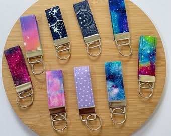 Galaxy Themed Mini Key Fobs // Unique Car Key Wristlet, Space Print Wristlet, Galaxy Keychain, Fabric Keyrings, Handmade Wristlet Strap