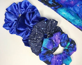 Space Scrunchie Set // Galaxy hair accessories, Celestial hair ties, Space themed gift idea, Constellation scrunchy, Blue scrunchie set