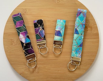 Galaxy Themed Key Fobs // Unique Car Key Wristlet, Space Print Wristlet, Galaxy Keychain, Fabric Keyrings, Space Themed Gift, Wristlet Strap