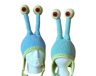 Crochet Alien Hat with Googly Eyes, Quirky Snail Earflap Beanie, Fun Festival Costume