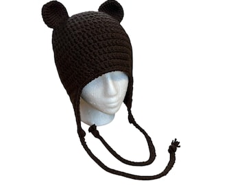 Bear Ears Handmade Crochet Hat with Earflaps, Cozy Animal Beanie