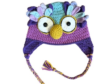 Funky colourful Owl hat with earflaps and braids
