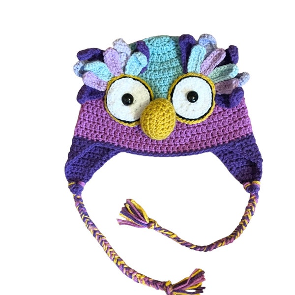 Funky colourful Owl hat with earflaps and braids