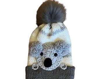 Koala beanie in cream and grey, Koala hat in cream with soft grey stripes & fluffy PomPom for kids Koala beanie for her Koala birthday gift