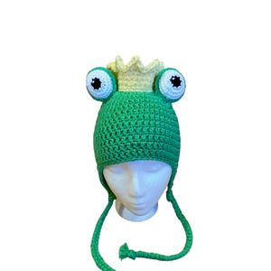 Crochet Frog Earflap Hat with Braids and Crown : Princess Frog Prince Birthday Gift